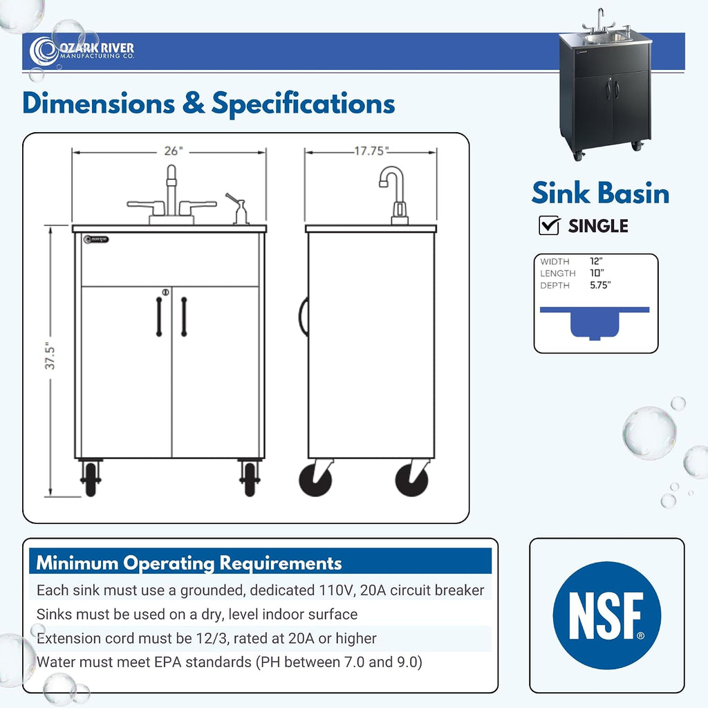 Ozark River Portable Sinks Premier S1, Black Laminate-Stainless Countertop & Basin, Self Contained Sink, Hand Washing Station, Portable Sink with Hot Water, Portable Sink Hand Wash Station