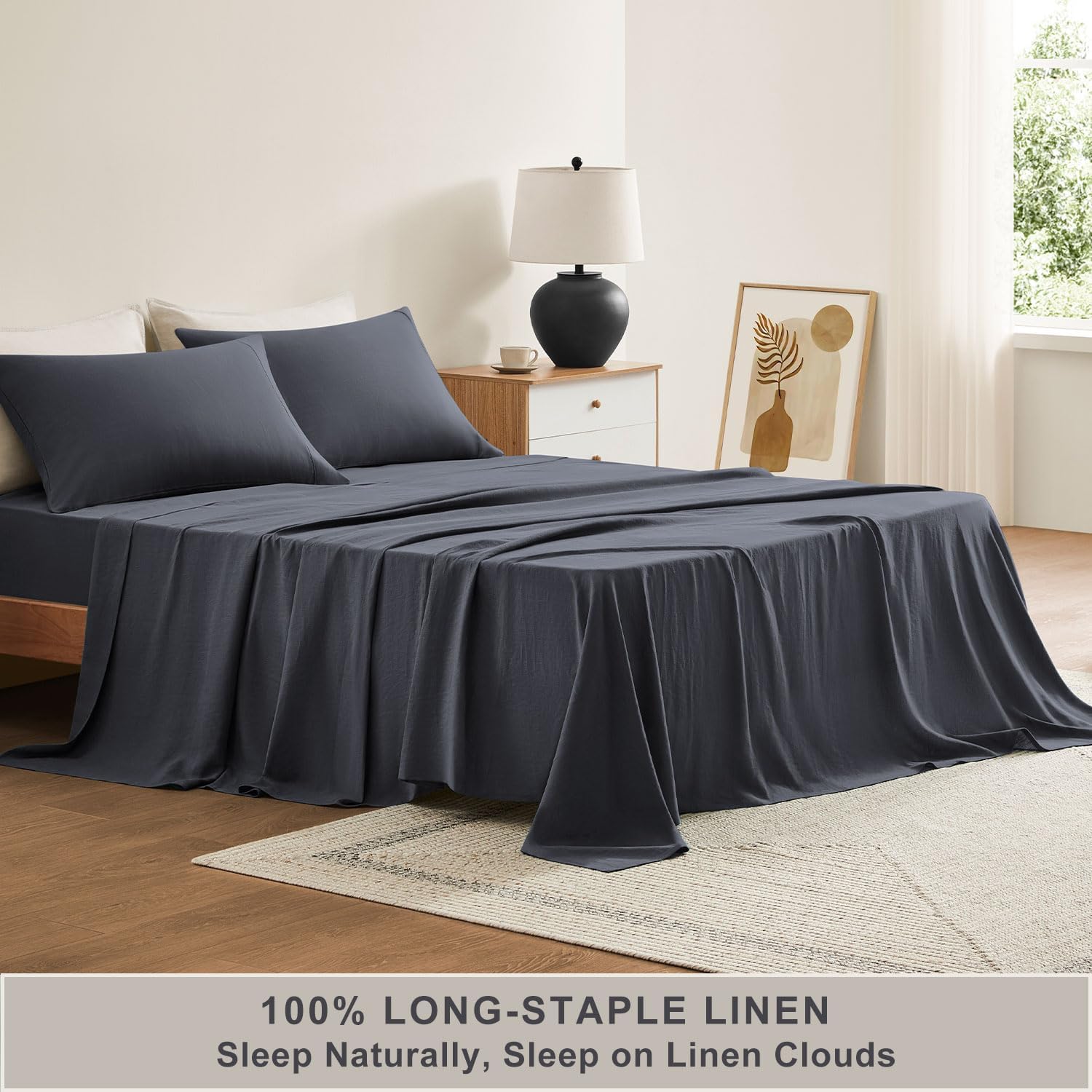 TOSMO Pure Linen Sheets Set, 100% French Natural Linen Flax Bedding 3pc Set (Twin, 1 Flat Sheet, 1 Fitted Sheet, 1 Pillowcase) - Blue Grey