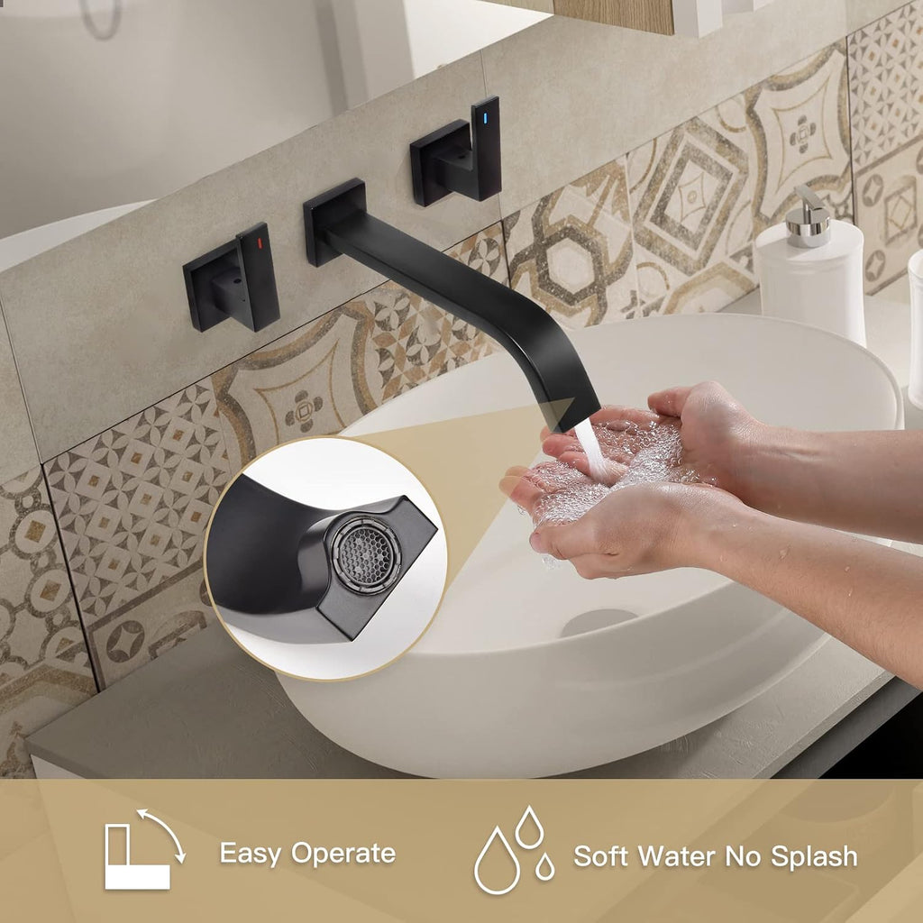 Brass Wall Mount Bathroom Faucet,Matte Black Wall Mounted Vessel Sink Faucet with Dual Lever Handles,Widespread 3 Holes Wall Faucet for Vanity Lavatory Sink,Rough in Valve