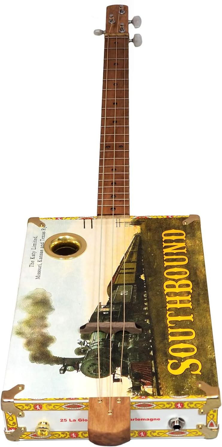 'The Southbound Katy' 3-string Acoustic-Electric Cigar Box Guitar - Featuring a Vintage Railroad Postcard Design!