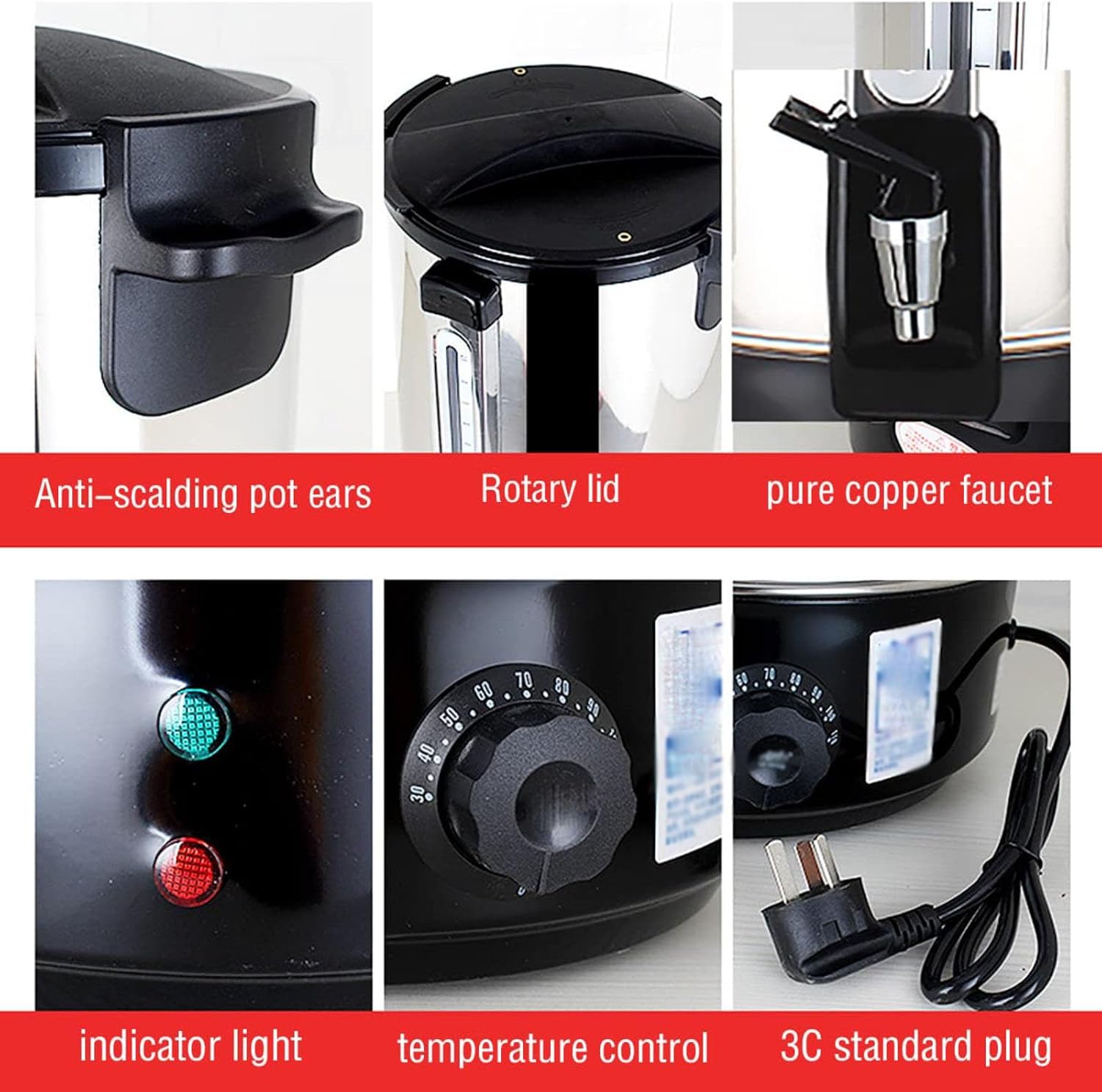 Hot Water Boiler Dispenser Tea Boiler with Water Gauge, Adjustable Electric Catering Urn, for Brewing/Buffet/Commercial,Black,40L