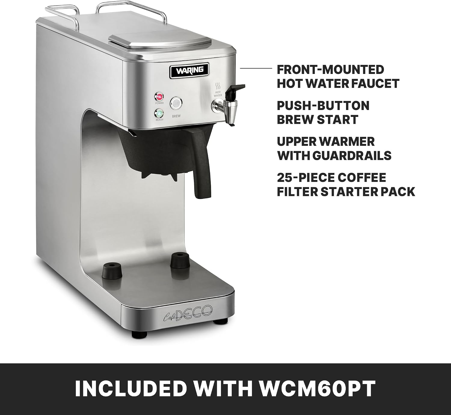 Waring Commercial Café Deco Thermal Coffee Brewer, 3.9 Gallons per Hour, Fits Large 64 oz Thermal Carafes, Stainless Steel, Front Mounted Faucet, NSF Certified, WCM60PT