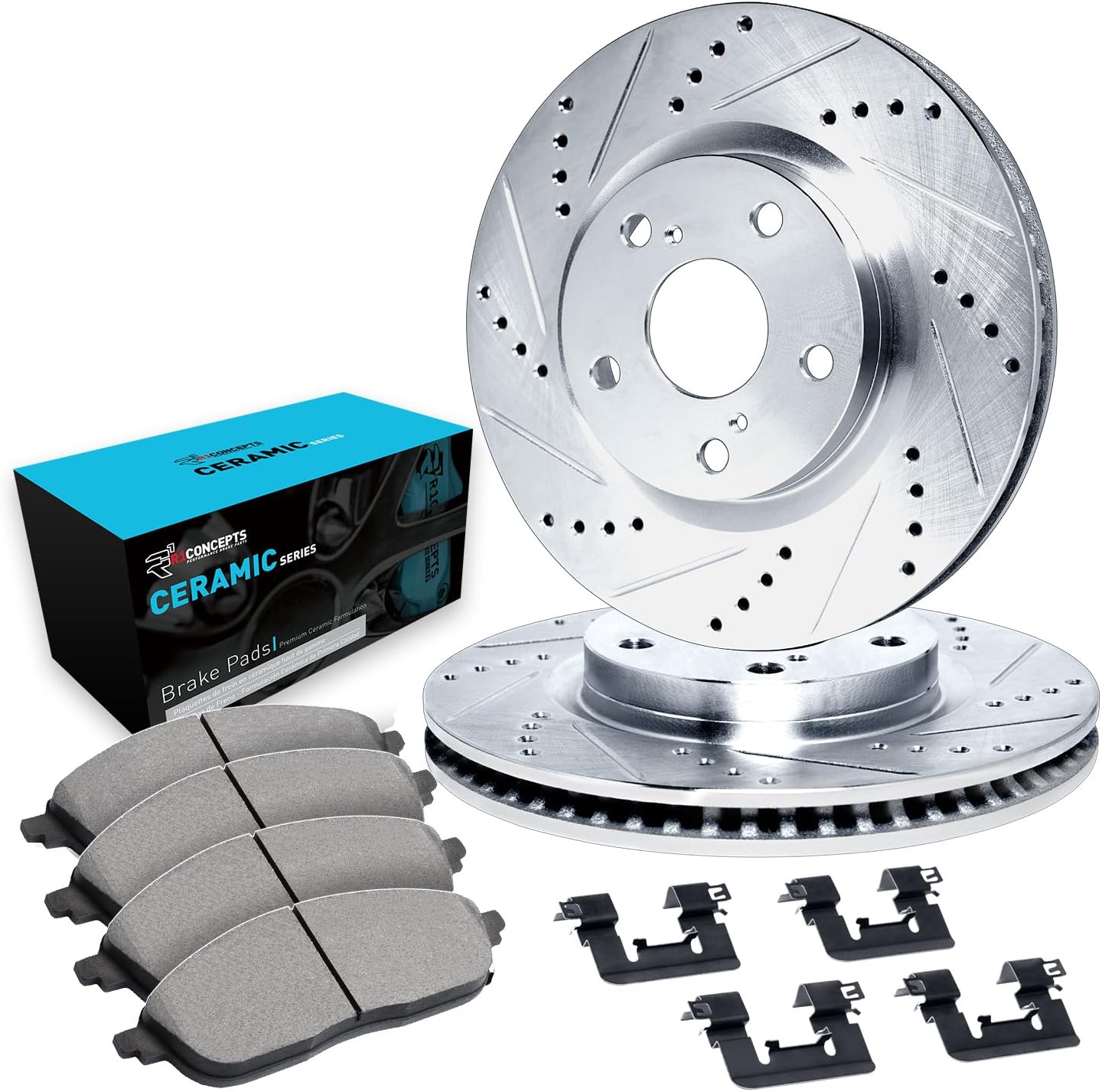 R1 Concepts Front Brake Kit Fits 2015-2018 Audi Q3; 2009-2018 Volkswagen Tiguan; 2012-2020 Volkswagen Passat| Ceramic Pads, Drilled Slotted Rotors| Hardware| 12.3' Front