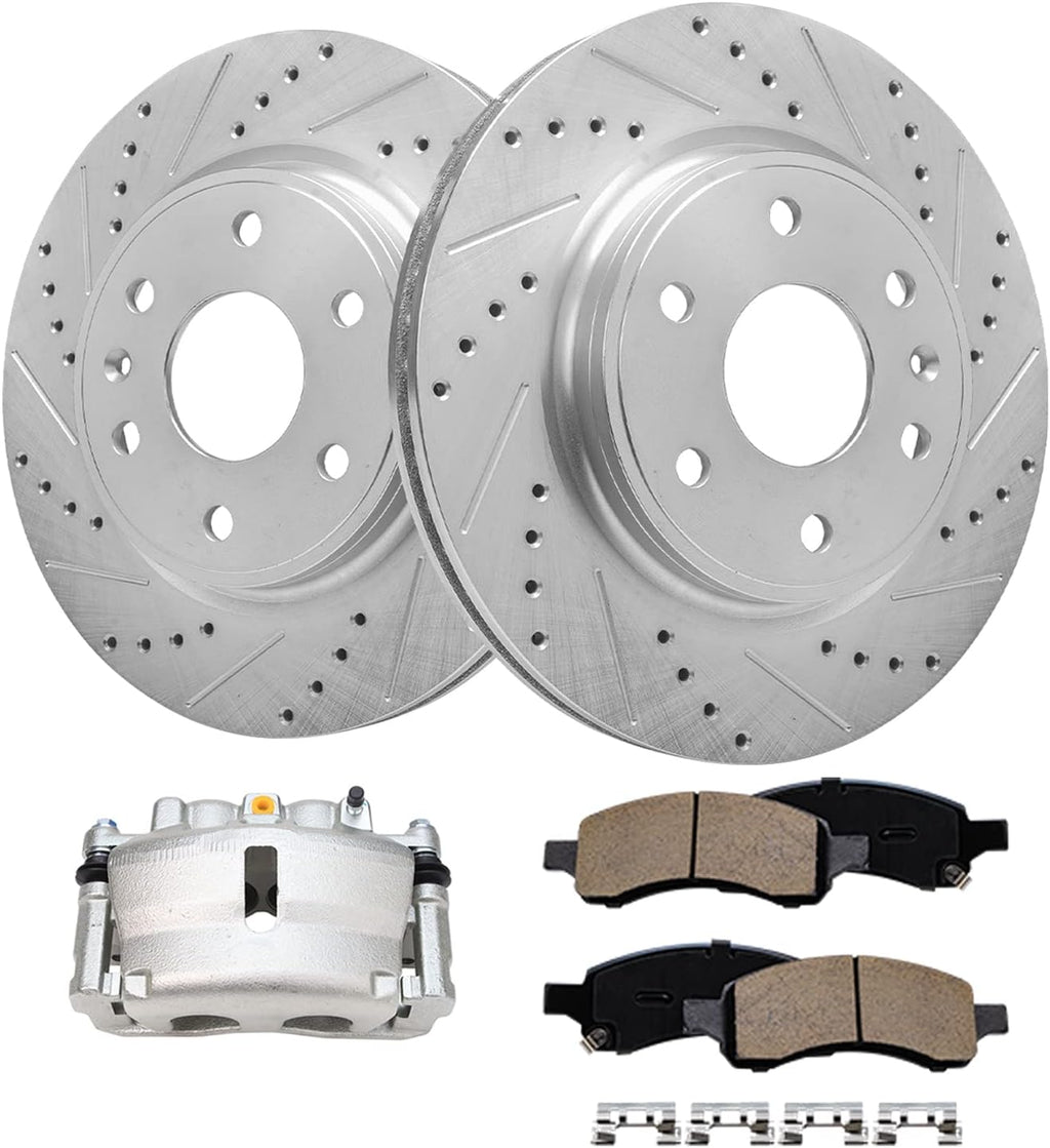 Detroit Axle - Front Brake Kit for Buick Enclave Chevrolet Traverse GMC Acadia Limited Saturn Outlook, Drilled & Slotted Brake Rotors Ceramic Brake Pads Brake Caliper Replacement