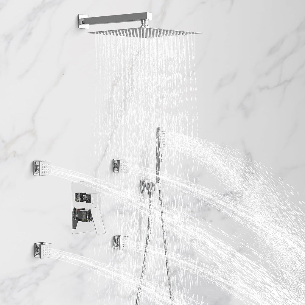 RUMOSE Rainfall Shower System with 4 Body Jets Wall Mounted 4 Mode Shower Faucet Set with 12 Inch Rain Shower Head and 2 in 1 Handheld Spray, Polished Chrome Brass Shower Fixtures, Rough-in Valve