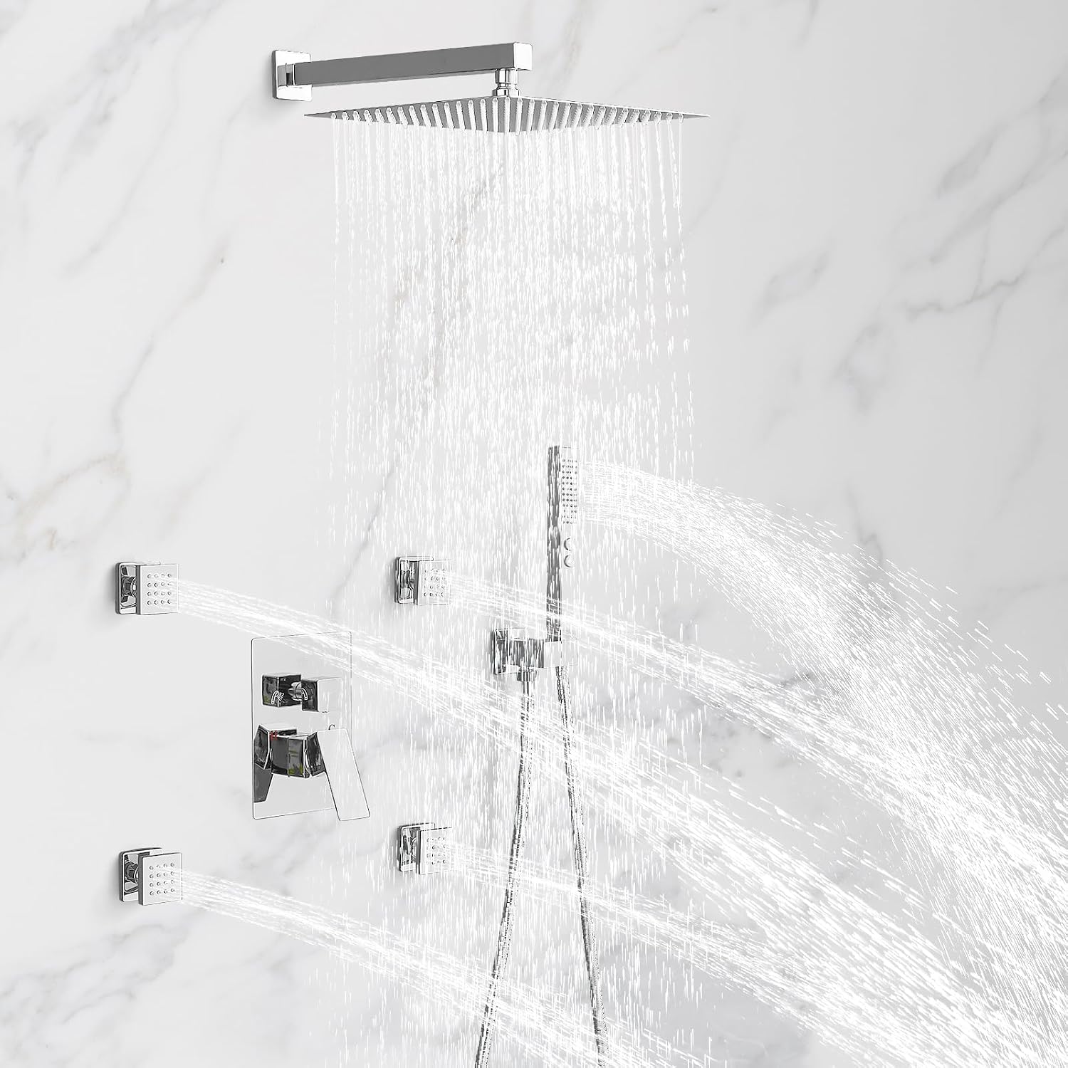 RUMOSE Rainfall Shower System with 4 Body Jets Wall Mounted 4 Mode Shower Faucet Set with 12 Inch Rain Shower Head and 2 in 1 Handheld Spray, Polished Chrome Brass Shower Fixtures, Rough-in Valve