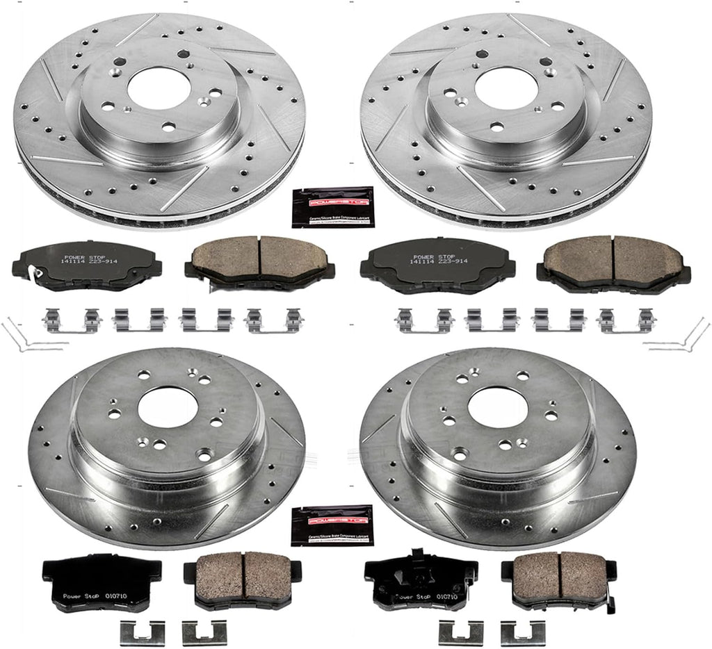 PowerStop Front and Rear Brake Kit for Honda CR-V 2012-16 - Drilled and Slotted Disc Rotors with Carbon-Fiber Ceramic Brake Pads Replacement, K6489