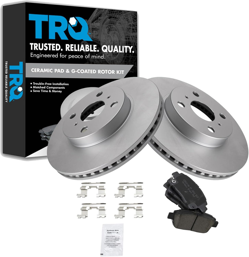 TRQ Front Brake Pad and Rotor Set Ceramic G Coated Vented Rotors Compatible with 2013 Scion iQ