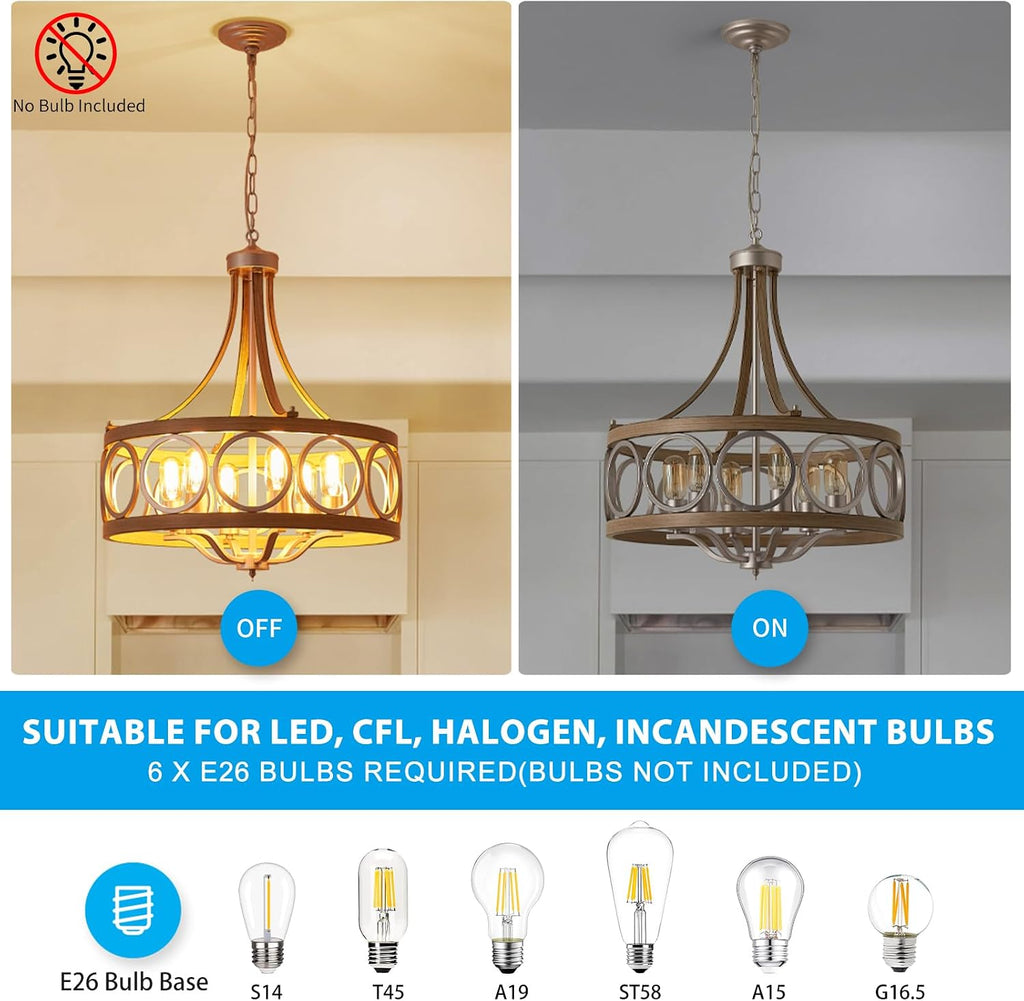 XINGQI Brushed Nickel Dining Room Chandelier 6 Lights Modern Farmhouse Chandelier 21.7' Round Hanging Lighting Fixture Rustic Metal Drum Pendant Lamp for Entryway Bedroom Kitchen