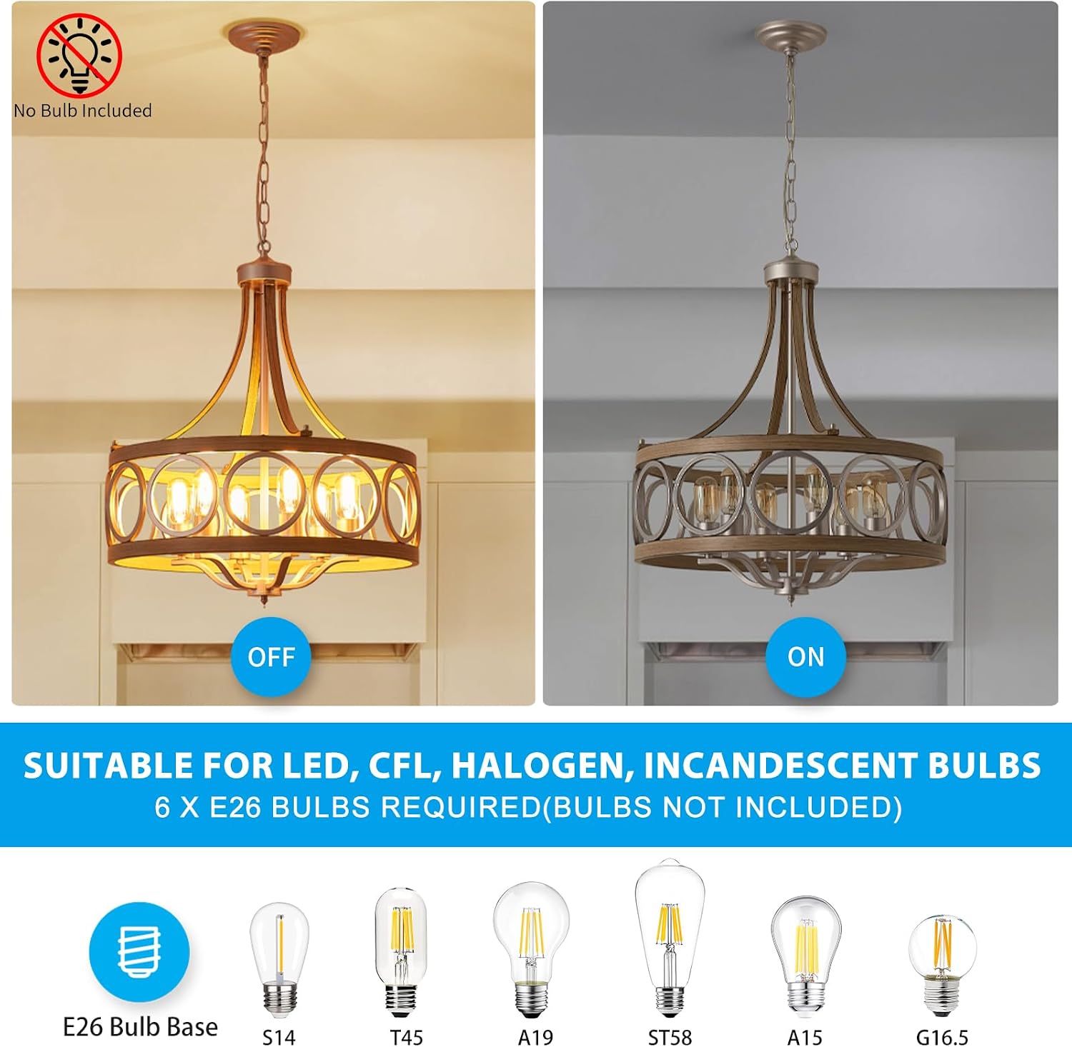 XINGQI Brushed Nickel Dining Room Chandelier 6 Lights Modern Farmhouse Chandelier 21.7' Round Hanging Lighting Fixture Rustic Metal Drum Pendant Lamp for Entryway Bedroom Kitchen