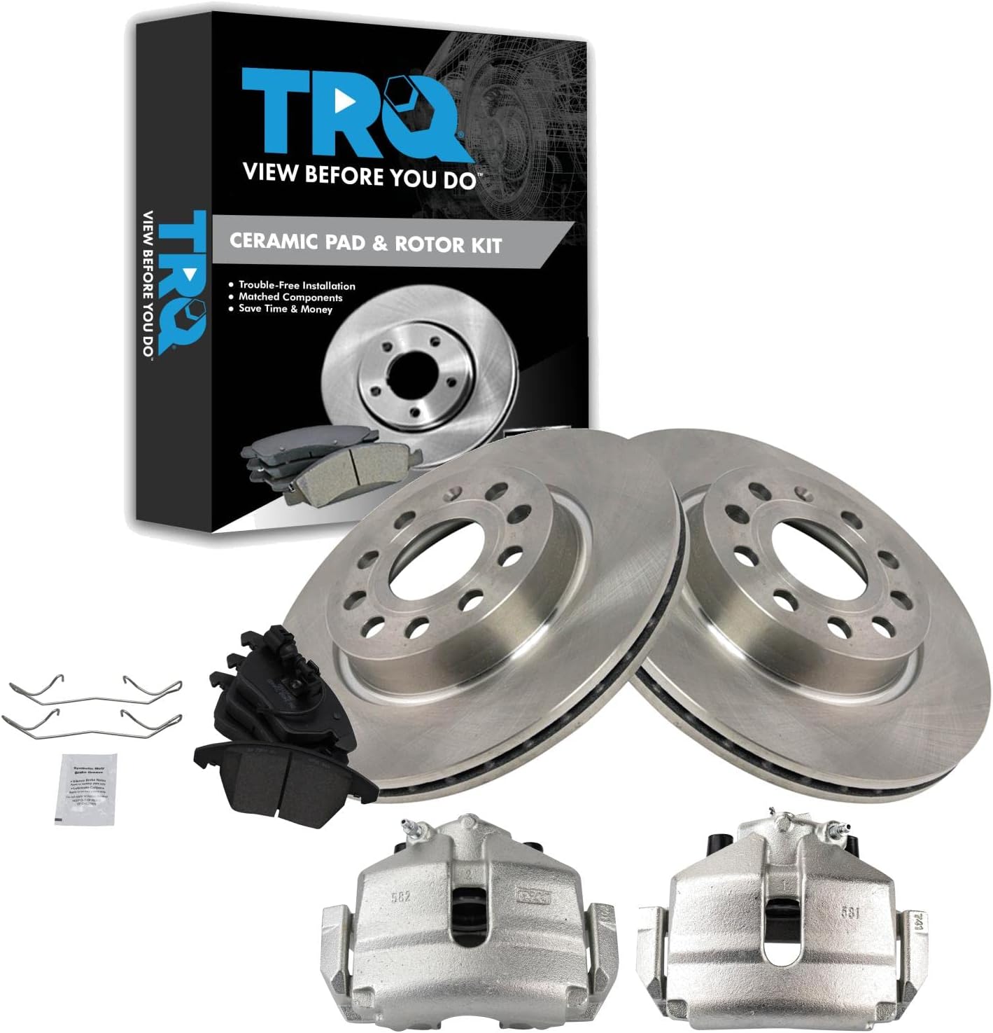TRQ Front Brake Pad and Rotor Set Ceramic Calipers Compatible with 2013 Volkswagen GTI 2011 Jetta