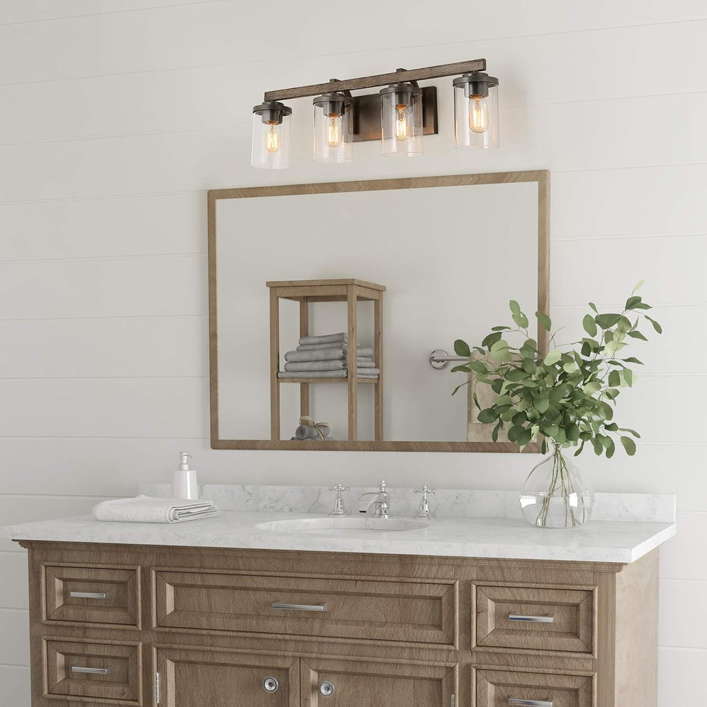 LALUZ Bathroom Vanity Light Fixtures, Farmhouse Vanity Lighting with Clear Glass Shades, Faux Wood, 4-Light, 28'' L x 6.3'' W x 8.7'' H