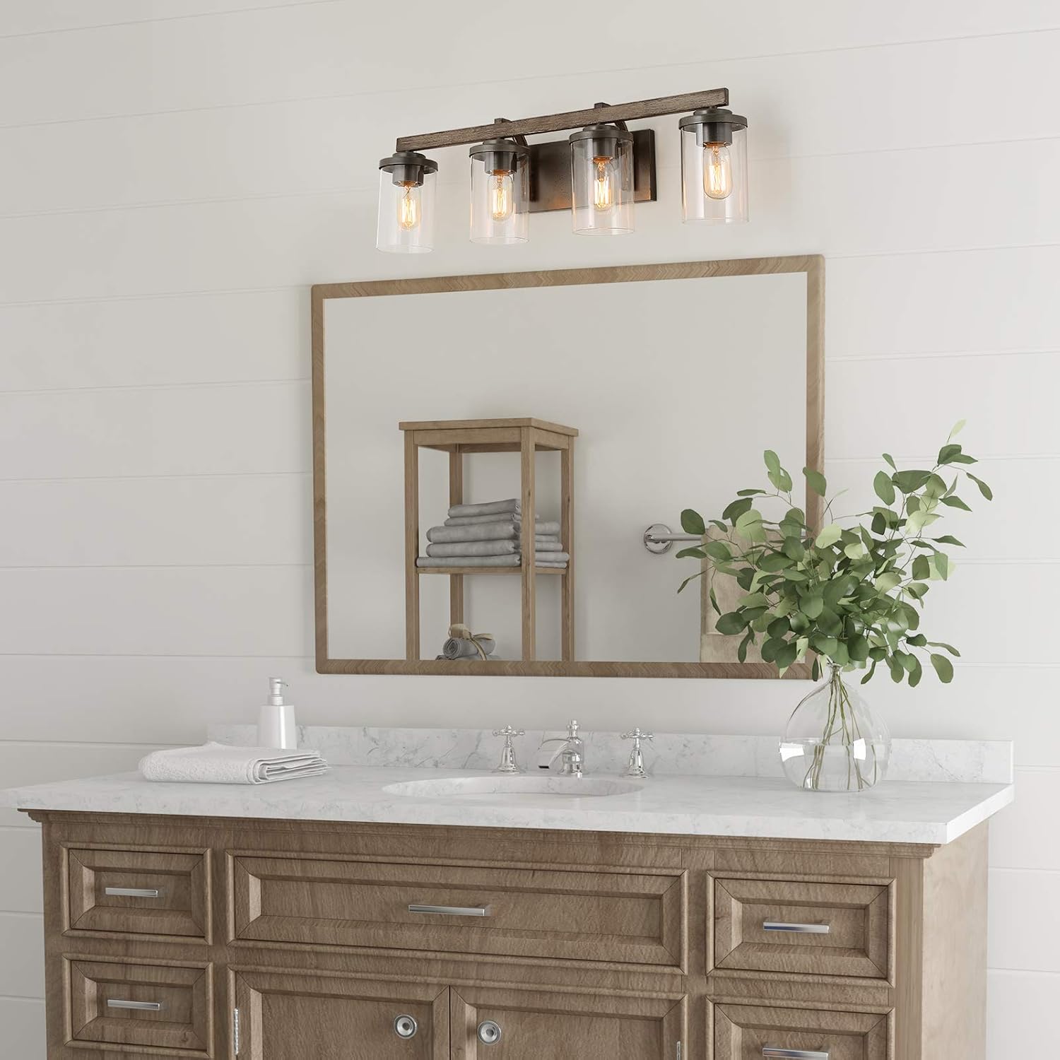 LALUZ Bathroom Vanity Light Fixtures, Farmhouse Vanity Lighting with Clear Glass Shades, Faux Wood, 4-Light, 28'' L x 6.3'' W x 8.7'' H