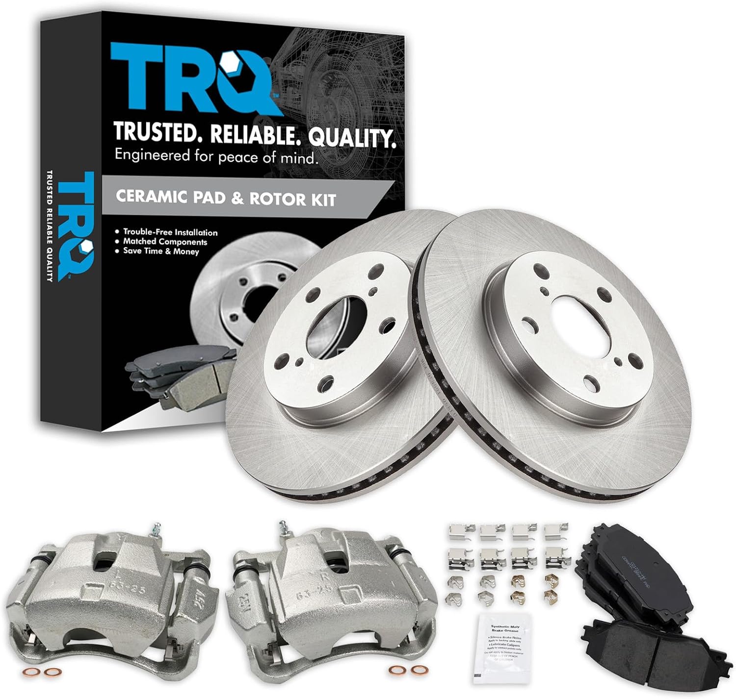 TRQ Front Brake Pad and Rotor Set Ceramic Vented Rotors Calipers Compatible with 2006-2018 Toyota RAV4