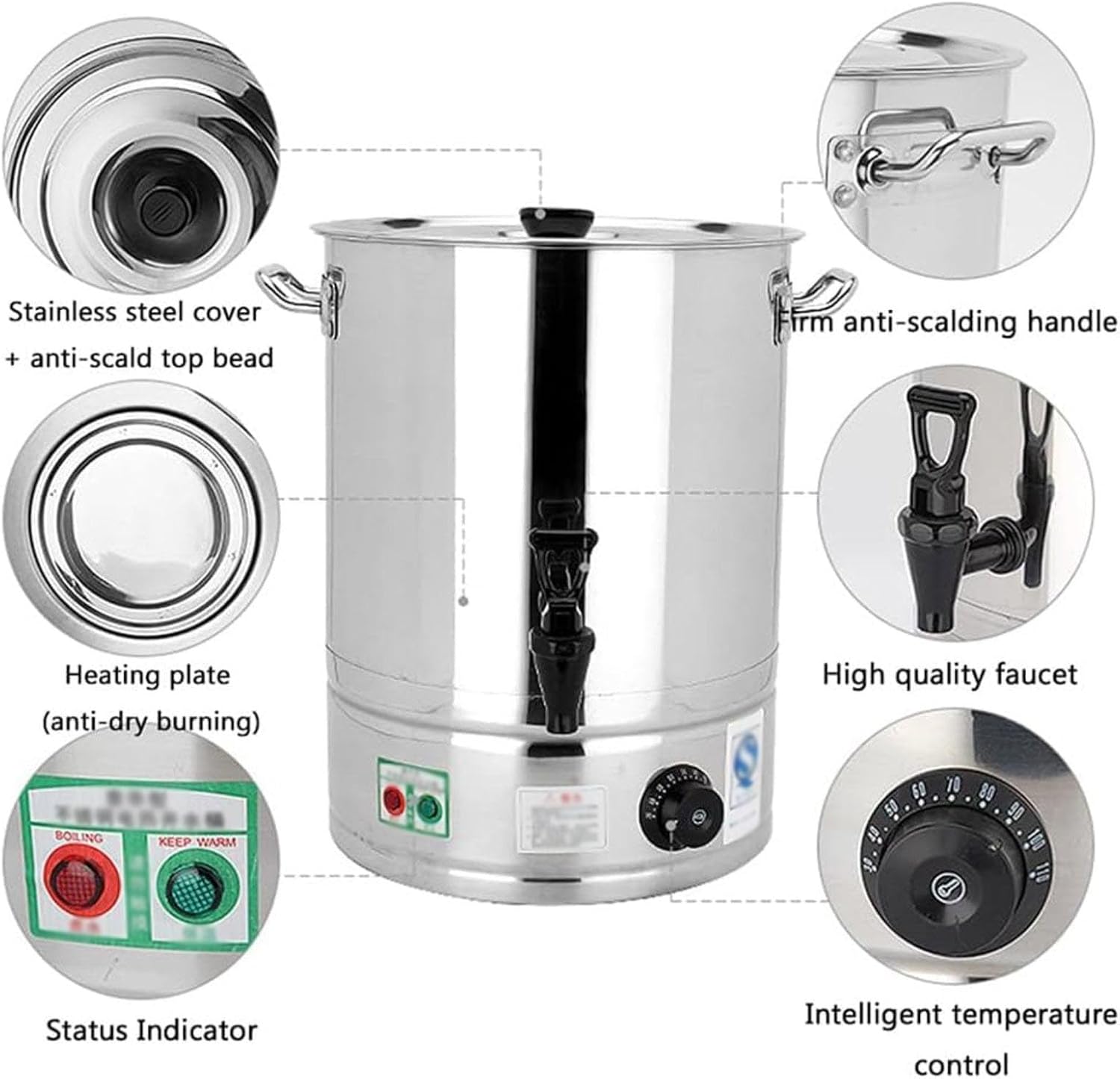 30L/40L Commercial Catering Urn, Hot Water Boiler Dispenser, Soup Kettle Buffet Warming Pot, 30-110°C Temperature Control Knob, Electric Boiling Water Bucket,No Faucet,30L