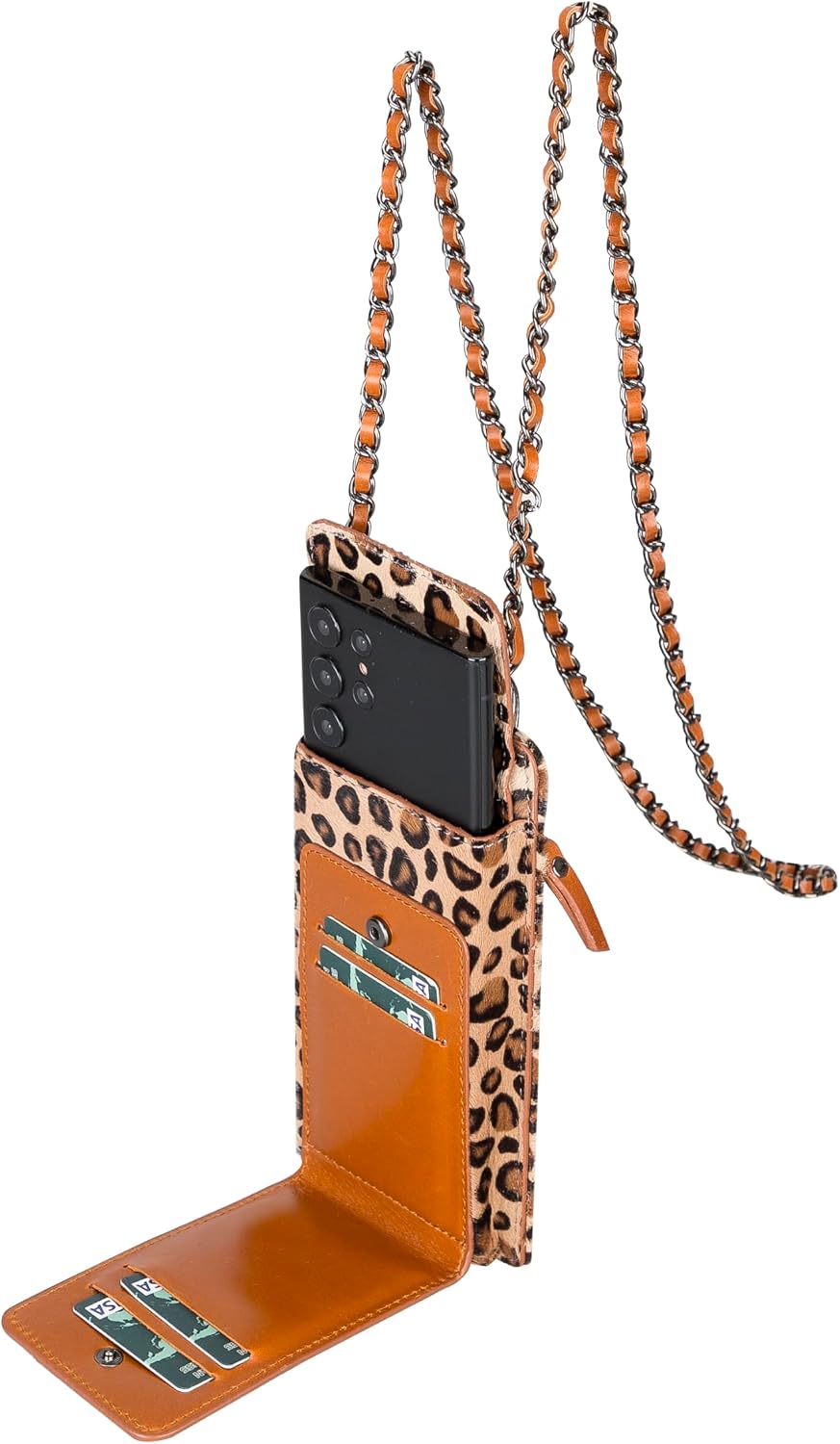Crossbody Women Wallet fits iPhone 16 Pro MAX / 17 Pro MAX and All Mobile Devices up to 6.9' - Zippered Women Purse, Shoulder Bag with Card Holder, Pocket & Chain Strap, Trendy (Leopard)