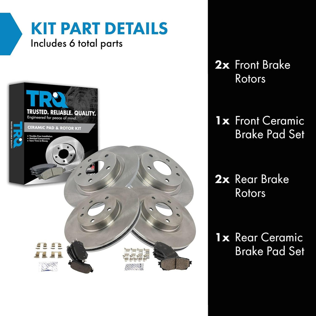 TRQ Front and Rear Brake Pad and Rotor Set Ceramic Vented Solid Rotors Compatible with 2016-2018 Mazda 6