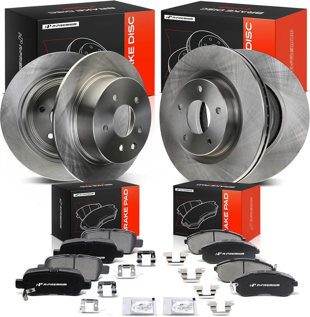A-Premium Front Vented & Rear Solid Vented Disc Brake Rotors + Ceramic Pads Kit Compatible with Select Nissan Models - Altima 2007 2008 2009 2010 2011 2012 2013, 3.5L, 12-PC Set