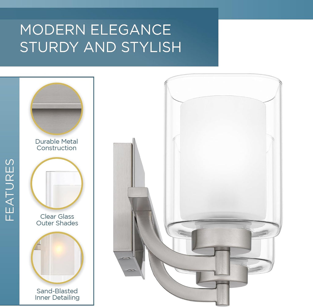 Quoizel Kolt Modern Vanity Lights, 2-Light, 18 Inch Brushed Nickel Bathroom Lighting Fixtures Over Mirror, Sandblasted Inner Glass, 100 W A19 Bulb, Wall Mount Light for Bathrooms, Kitchen or Hallway