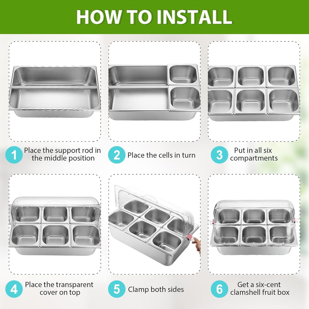 Ziliny 2 Pack Countertop Food Serving Display Container Stainless Steel Food Serving Tray Buffet Condiment Dispenser Display Rack with Clear Roll Top Cover for Buffet(6 Pan and 6 Pan)