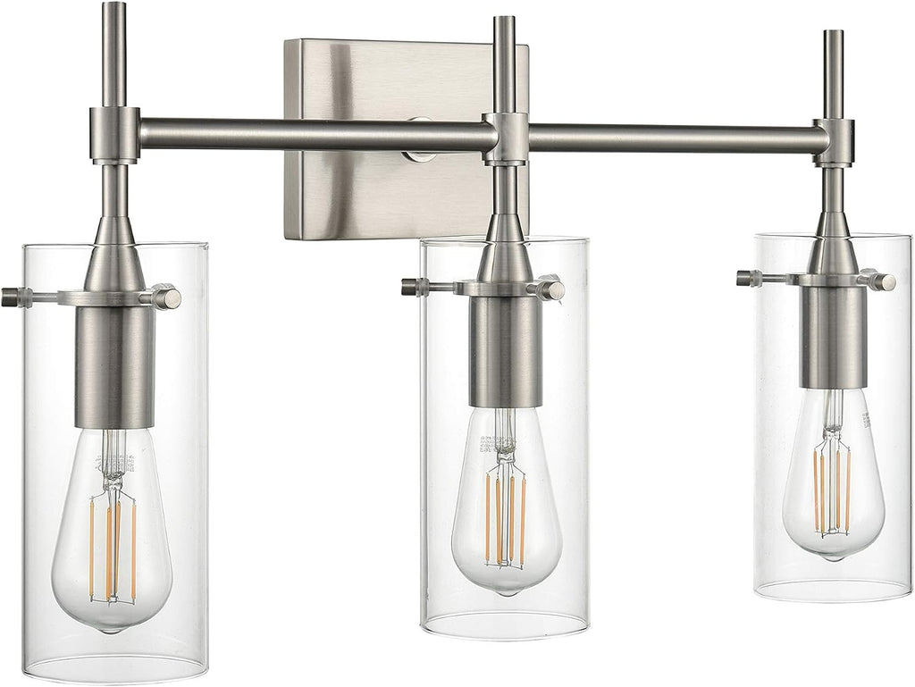 Linea di Liara Effimero Modern Farmhouse Bathroom Vanity Lights Fixtures 3 Lights Over Mirror Brushed Nickel Vanity Lights For Bathroom Light Fixtures Industrial Lighting Clear Glass Covers, UL Listed