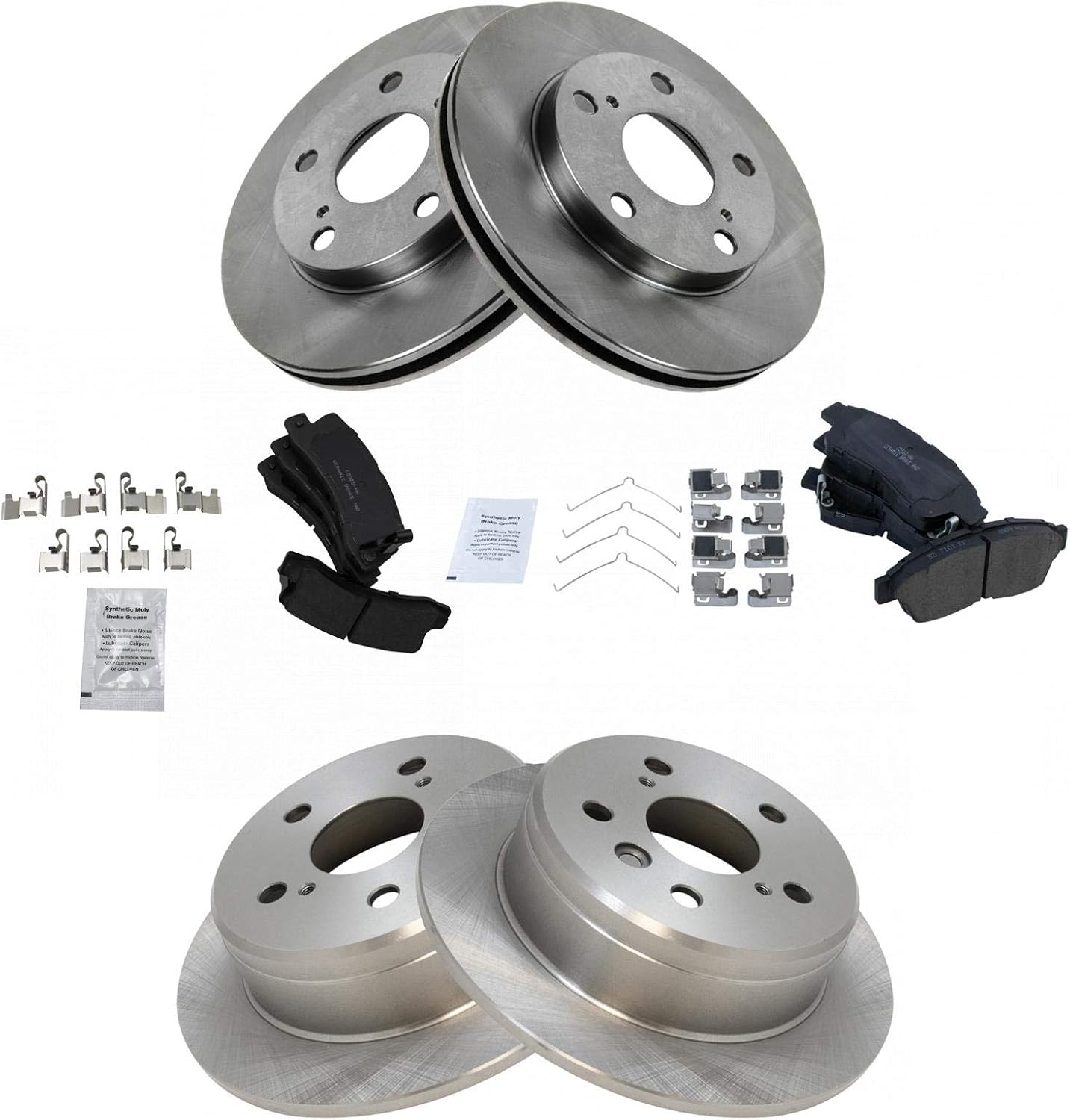 TRQ Front and Rear Brake Pad and Rotor Set Ceramic Vented Solid Rotors Compatible with 1992-1999 Toyota Camry