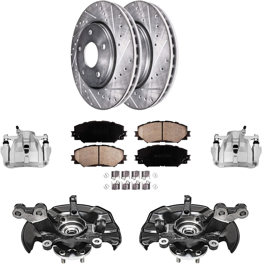 Detroit Axle - Front Brake Kit for 2009-2013 Toyota Corolla Matrix, Steering Knuckles & Wheel Bearing Hubs Drilled and Slotted Brake Rotors Ceramic Brake Pads Disc Brake Calipers Replacement