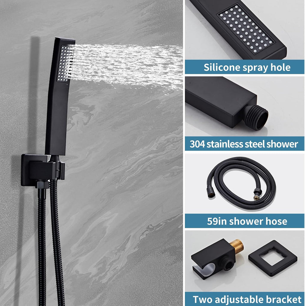 10' Matte Black Shower Faucet Set – Square Rainfall Showerhead + Handheld & Waterfall Spout, Wall-Mounted, Anti‑Clog Silicone – Modern Bathroom Hardware