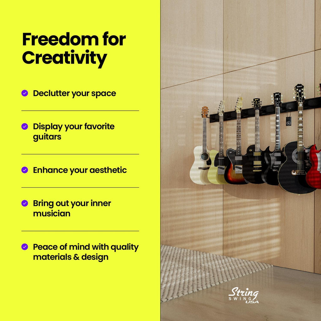 String Swing Guitar Wall Rack, Guitar Stand Mulitple Guitars, Hanging Guitar Stand for Acoustic & Electric Guitars, 10 Heavy Duty Padded Arm Hangers & Black Slatwall Rail - MADE IN USA