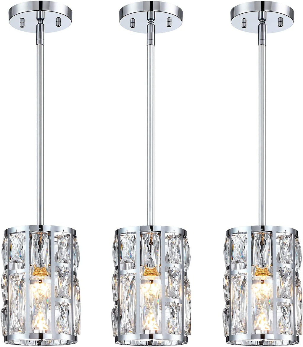 MEXO Modern Crystal Pendant Light Fixture 3-Pack Chrome Finish Hanging Lighting Crystal Chandelier for Kitchen Island