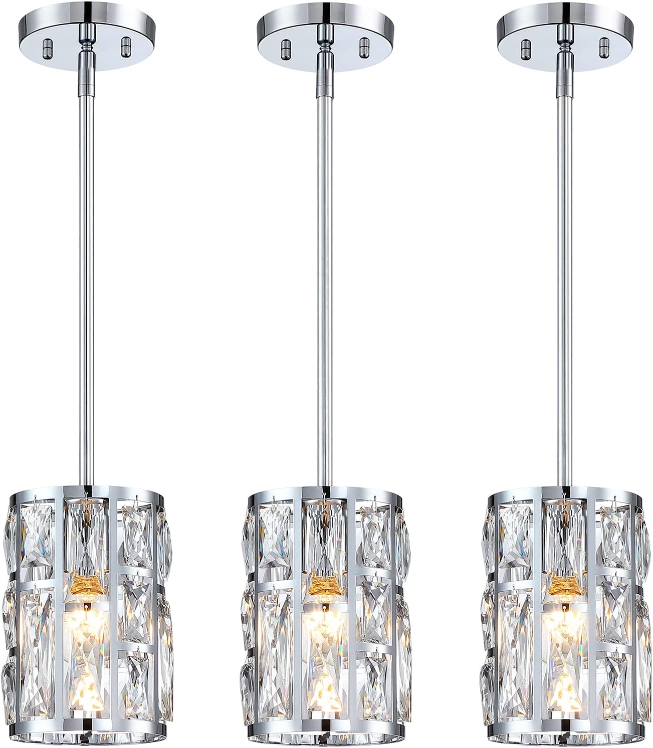 MEXO Modern Crystal Pendant Light Fixture 3-Pack Chrome Finish Hanging Lighting Crystal Chandelier for Kitchen Island