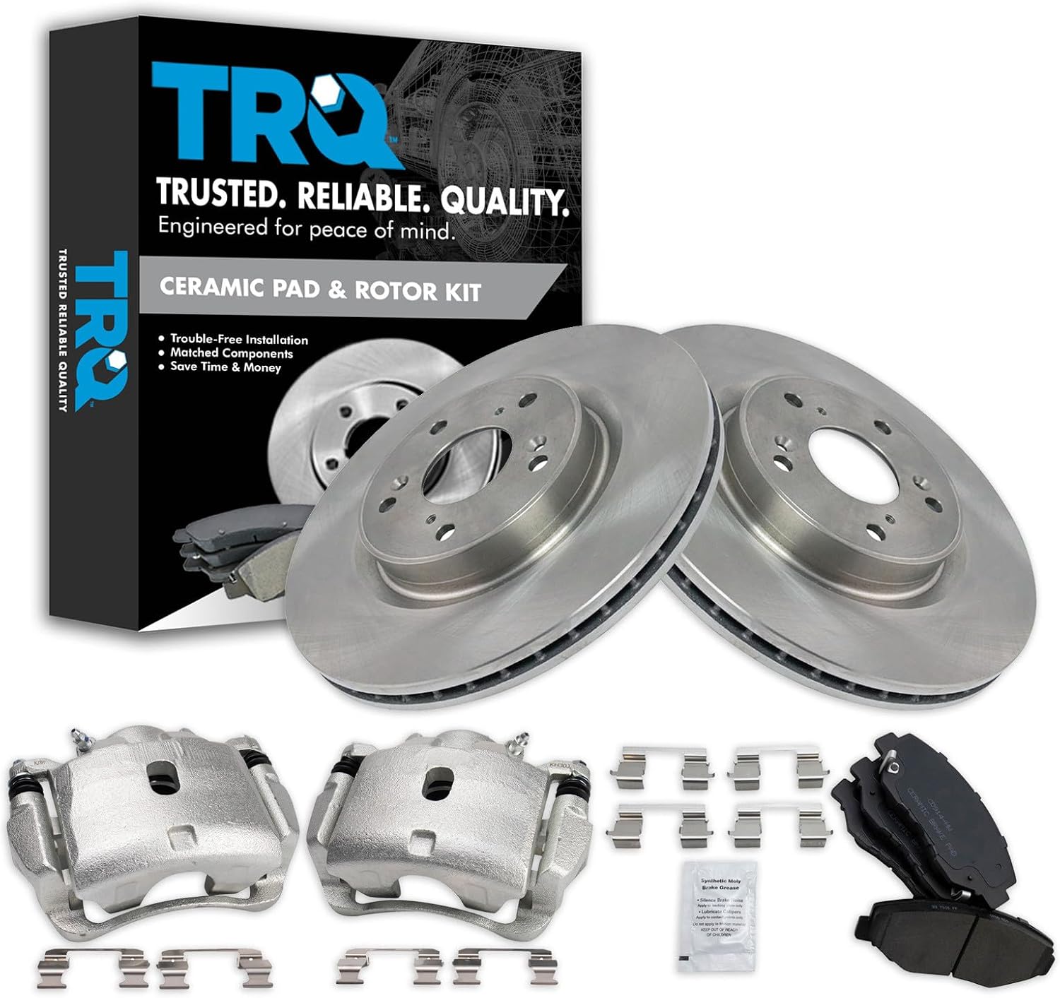 TRQ Front Brake Pad and Rotor Set Ceramic Vented Rotors Calipers Compatible with 2012-2015 Honda CR-V