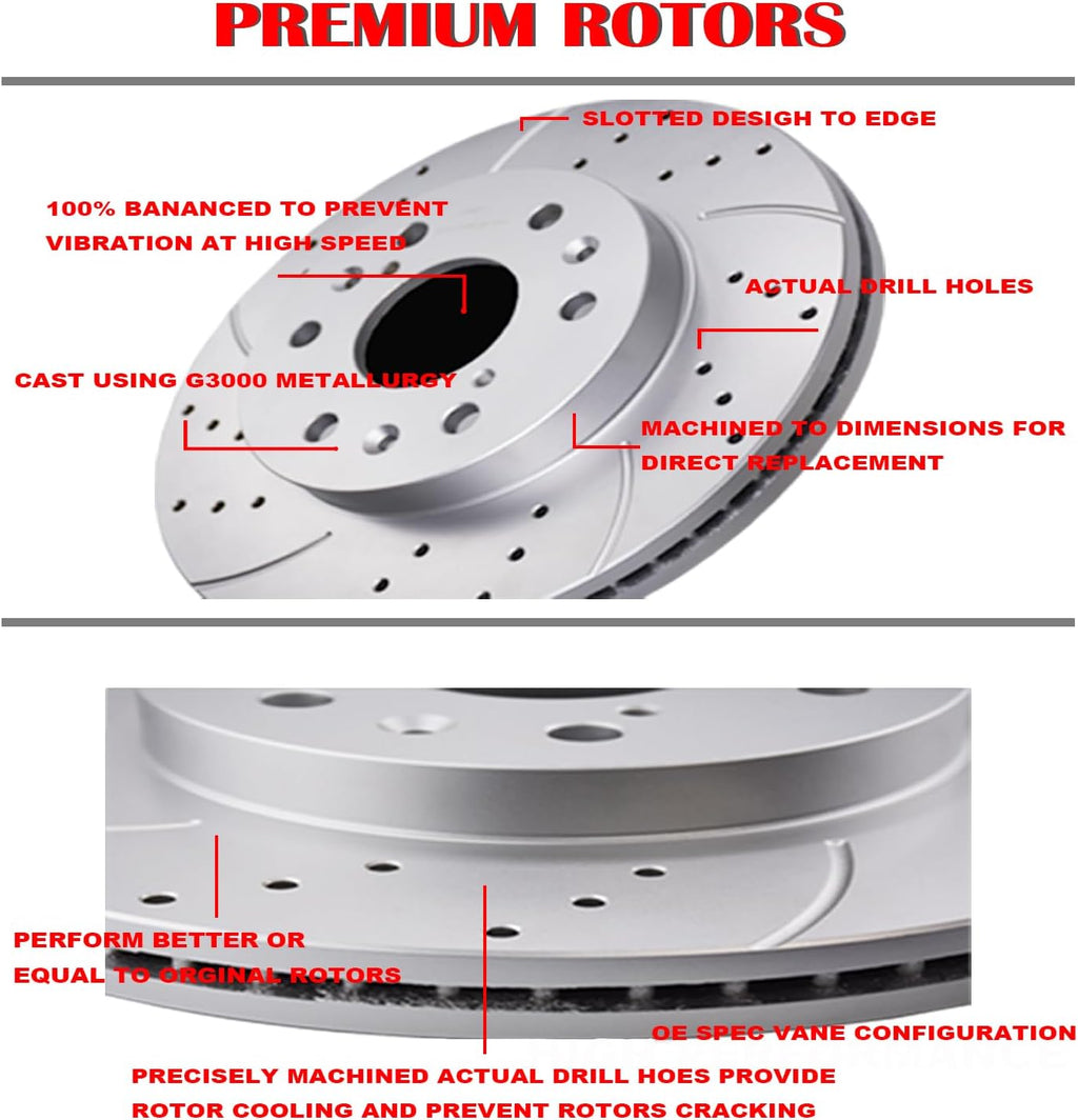 Acinoparts Front and Rear Brake Kit, Drilled and Slotted Brake Rotors Ceramic Brake Pads Suitable for Cadillac Escalade Chevy Silverado 1500 Tahoe GMC Yukon