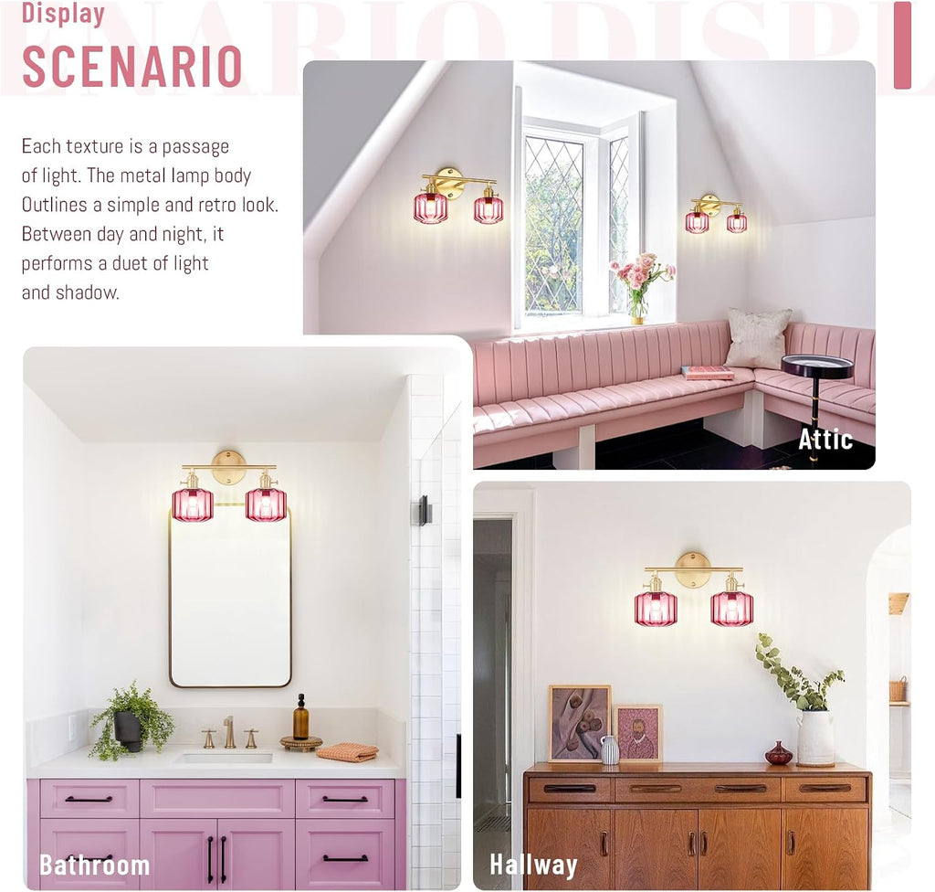 Vintage Wall Light Brass Vanity Light Bathroom Light Fixtures 2-Light Wall Sconce with Purple Globe Glass Shades Vanity Lighting for Stairwell Living Room Bedside Bedroom