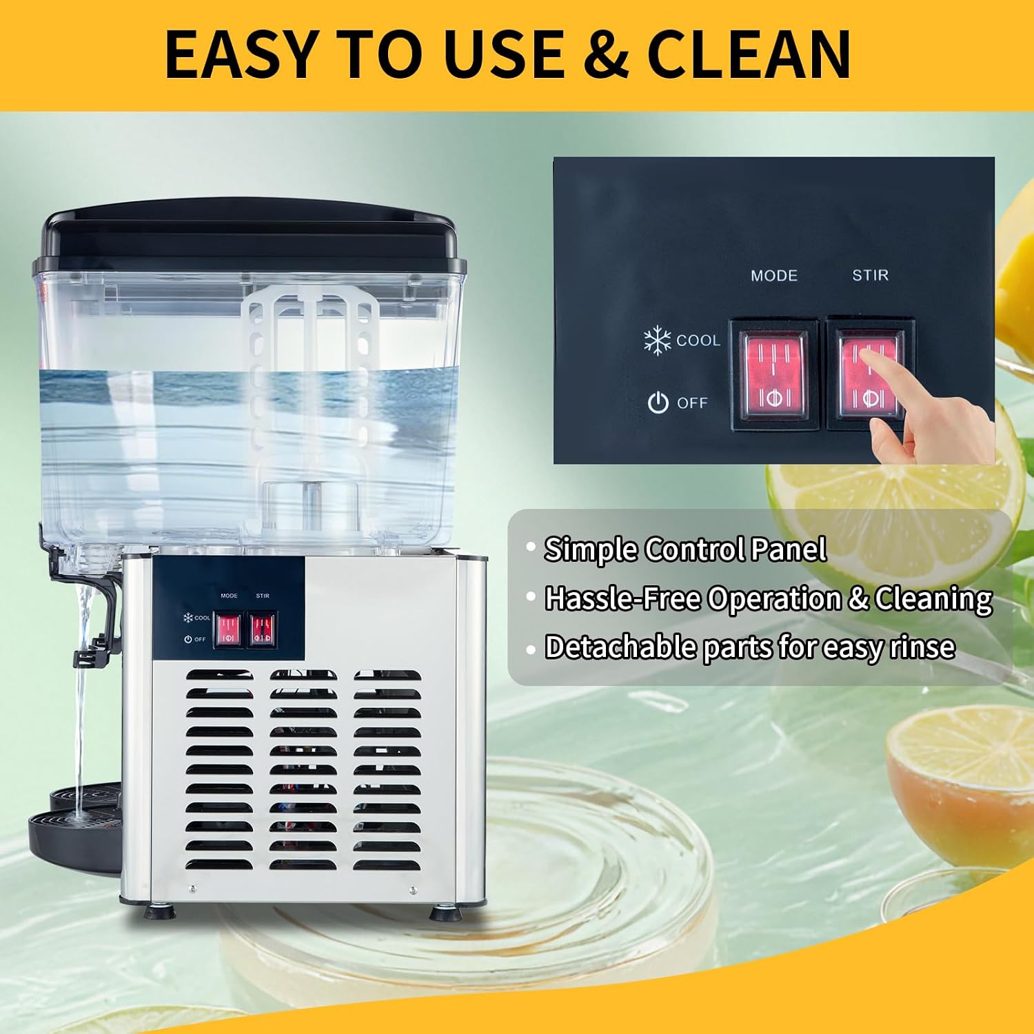 Commercial Beverage Dispenser, 36L Dual-Tank 300W Refrigerated Cooler | Maintains 45-54°F with independent cooling and mixing controls, stainless steel body, and removable tanks.