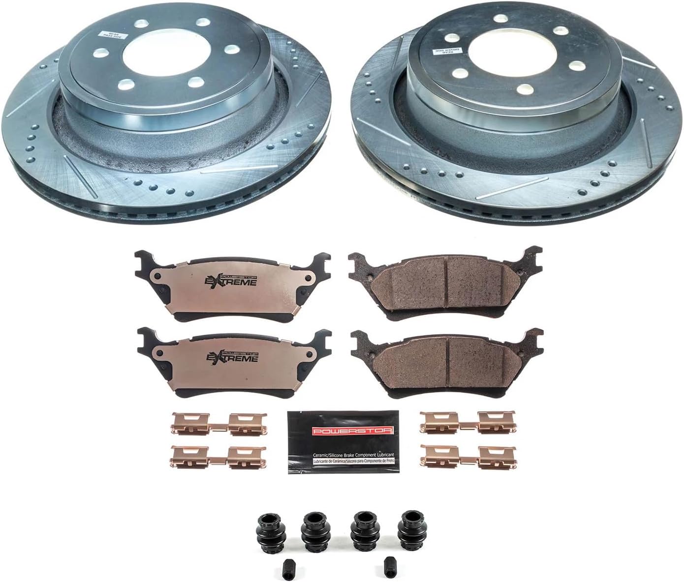 PowerStop Rear Brake Kit For Ford F-150 2012-18 - Truck & Tow Carbon Fiber Ceramic Brake Pads + Drilled & Slotted Rotors Upgrade, K6271-36