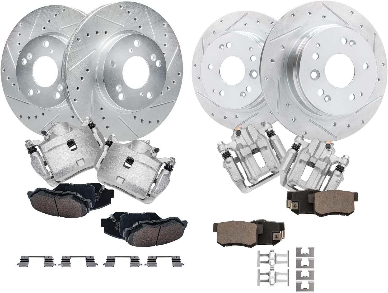 Detroit Axle - Brake Kit for 03-11 Honda Element, Front and Rear 11.10 inch Drilled & Slotted Brake Rotors Ceramic Pads Disc Brakes Calipers 2003 2004 2005 2006 2007 2008 2009 2010 2011 Replacement