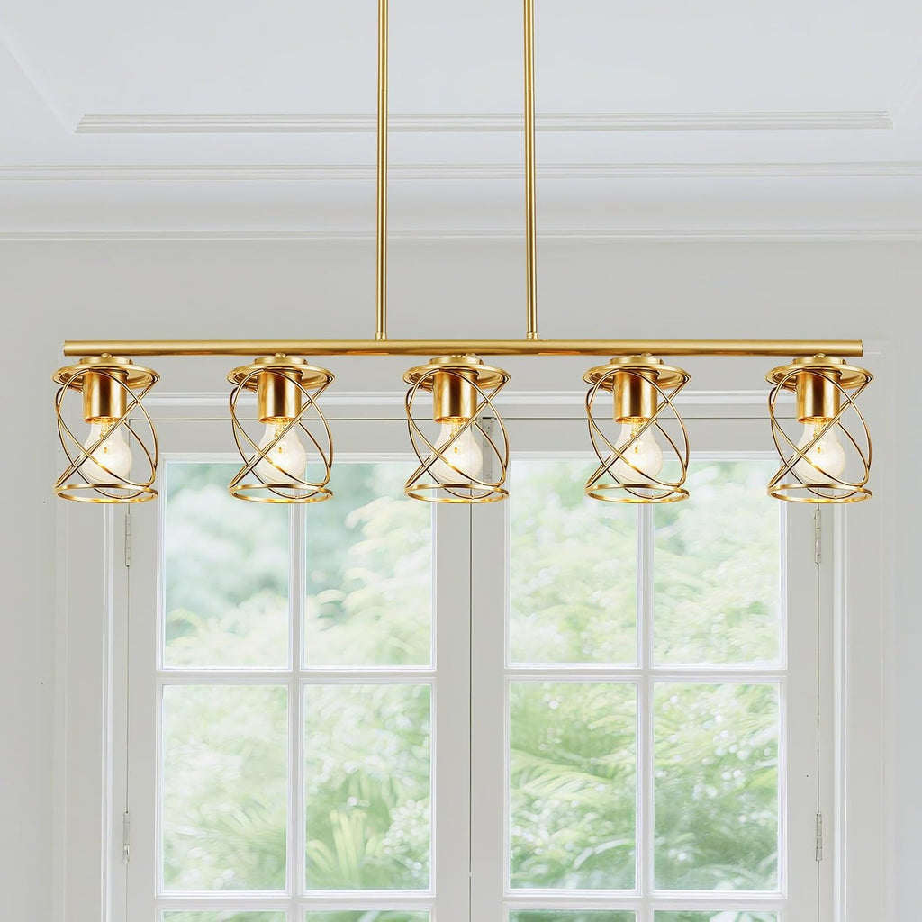 mavcadonf Kitchen Island Light, 5-Light Dining Room Lighting Fixtures Hanging, Farmhouse Linear Pendant Light for Kitchen Island Table Living Room with Adjustable Rods, Brushed Gold