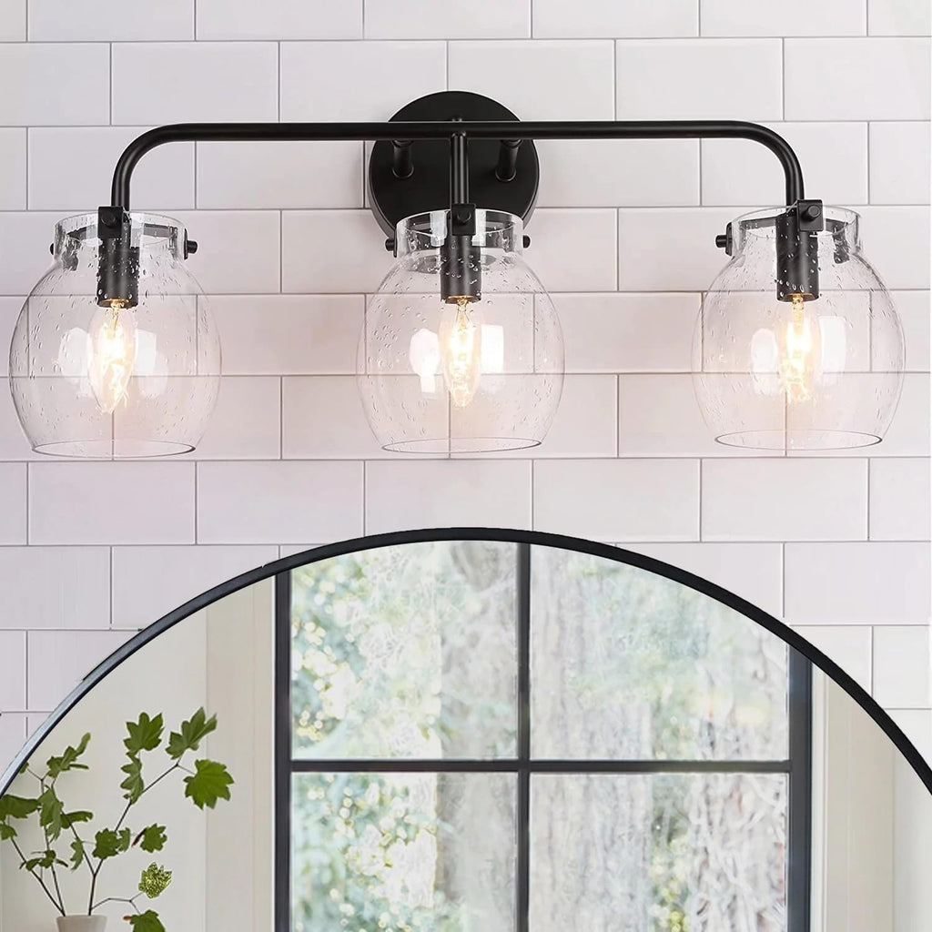 KSANA Black Bathroom Light Fixtures, 3 Light Matte Black Vanity Lights for Bathroom with Seeded Glass Globe, 22' Modern Farmhouse Bathroom Lights Over Mirror