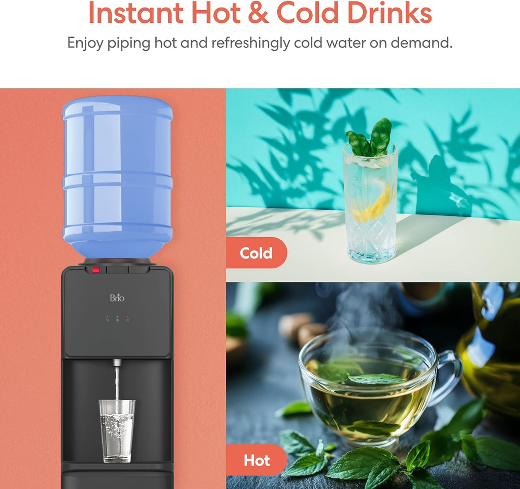 Brio 130 Series Top-Load Water Cooler Dispenser for 3- and 5-Gallon Bottles, Hot & Cold, Spill-Free Loading, Child Safety Lock, Energy Star 3.0, Black