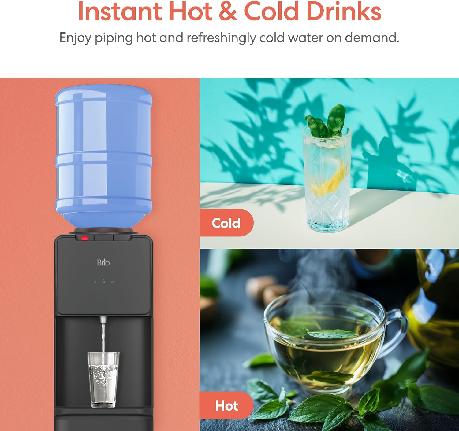 Brio 130 Series Top-Load Water Cooler Dispenser for 3- and 5-Gallon Bottles, Hot & Cold, Spill-Free Loading, Child Safety Lock, Energy Star 3.0, Black