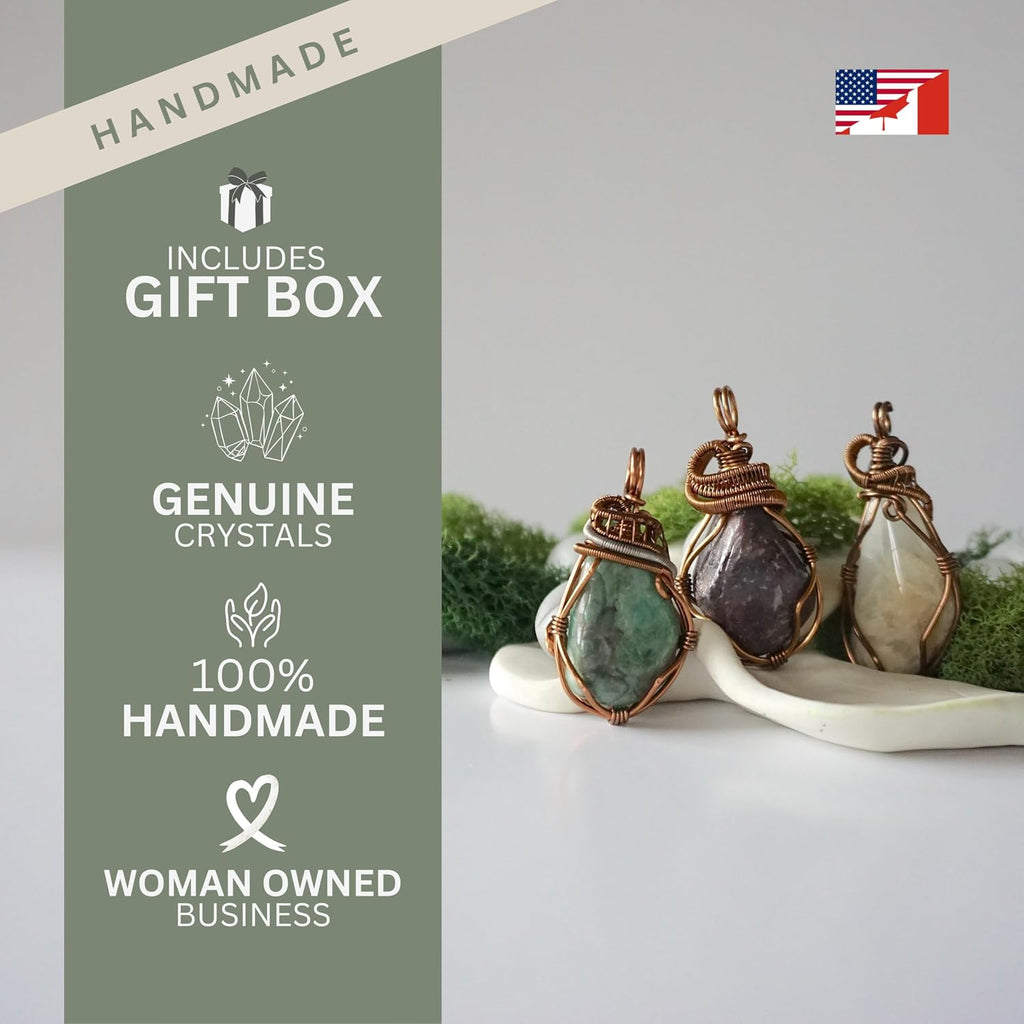 Designs by Nature Gems Handcrafted Raw Gemstone Necklace, Mixed Wire Pendant in Antique Bronze with 24 Inch Chain