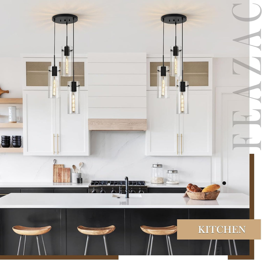 Modern Cluster Pendant Lights, Black Cluster Chandelier with Clear Ribbed Glass, 3 Light Pendant Lighting for Kitchen Island, Staircase, Dining Room, Living Room