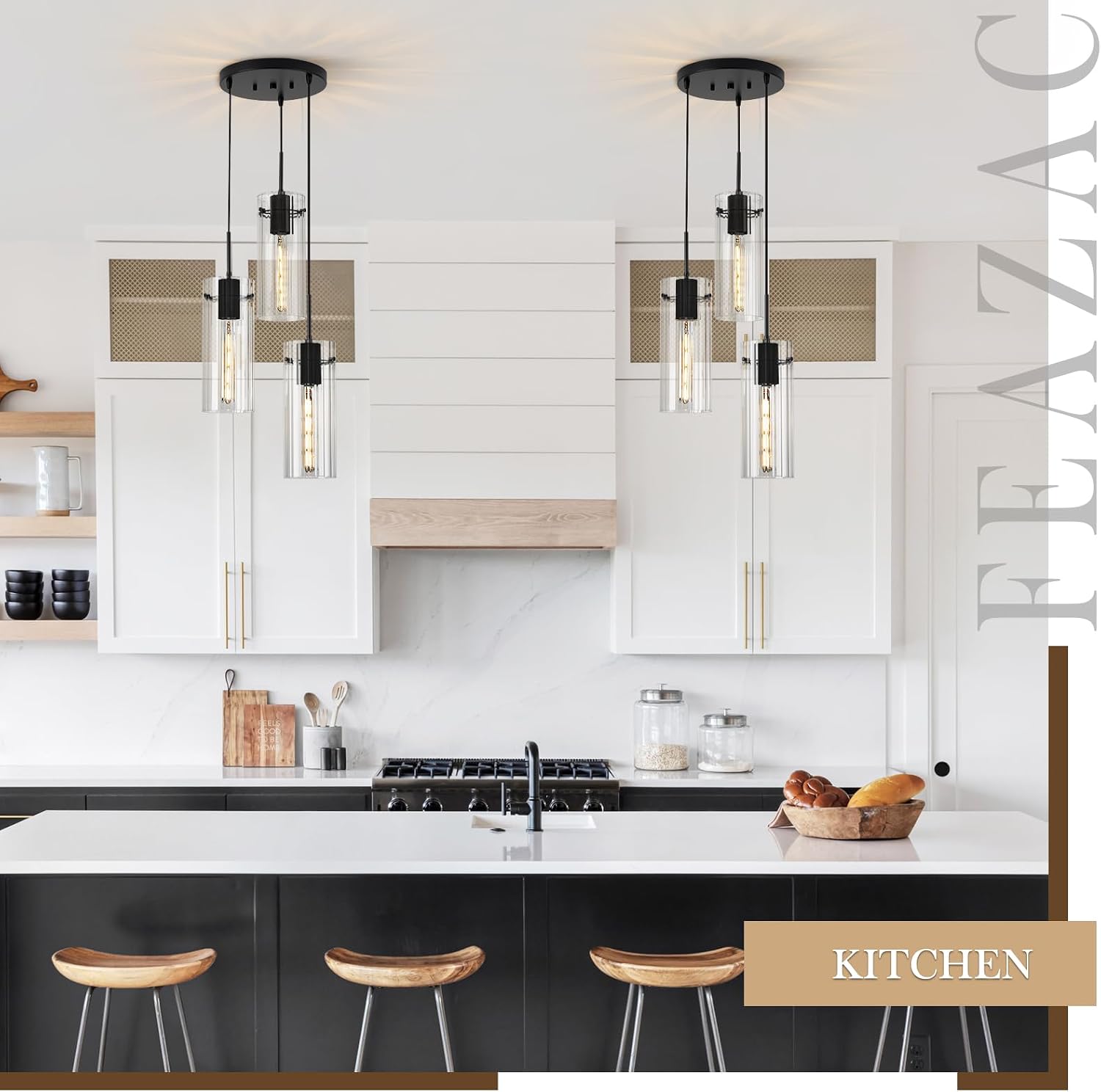 Modern Cluster Pendant Lights, Black Cluster Chandelier with Clear Ribbed Glass, 3 Light Pendant Lighting for Kitchen Island, Staircase, Dining Room, Living Room
