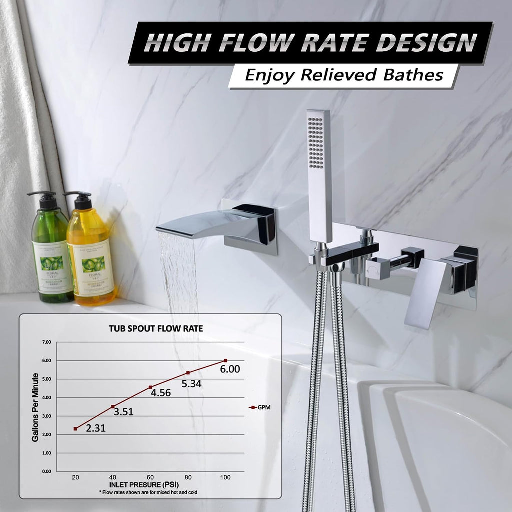 SUMERAIN Wall Mount Tub Faucets, Waterfall Tub Filler Spout with Hand Shower