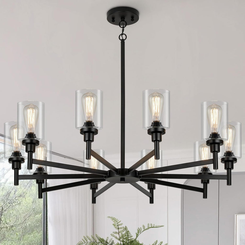 10 Light Large Black Farmhouse Chandelier | Rustic Chandeliers for Dining Room Light Fixture | Industrial Hanging Lighting with Clear Glass Cover for Living Room | Foyer | Staircase | Villa