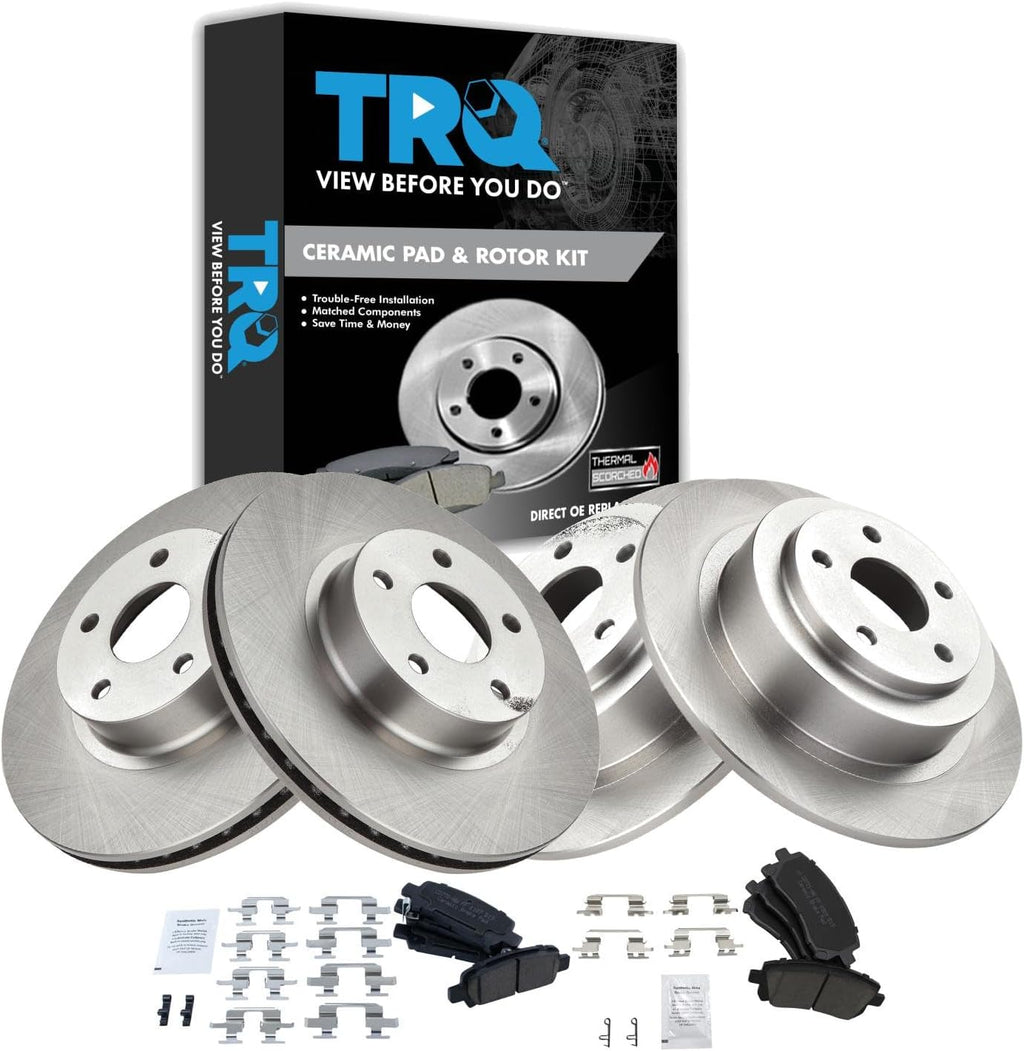 TRQ Front and Rear Ceramic Brake Pad and Rotor Set Compatible with 00 Subaru Outback, 00-01 Legacy with 277mm Diameter Front Rotors, 02 Legacy L 277mm Diameter Rotors