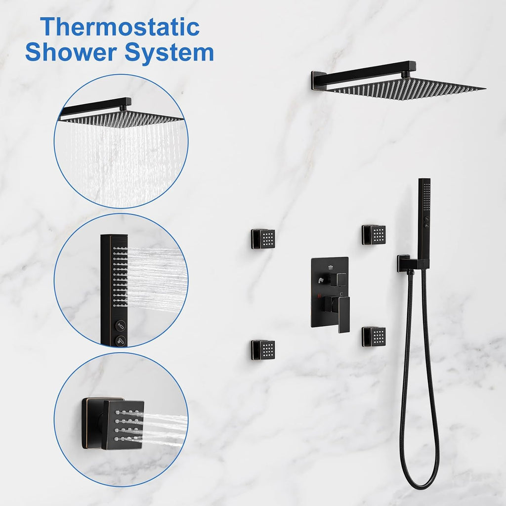 RUMOSE Rainfall Shower System with 4 Body Jets Wall Mounted 4 Mode Shower Faucet Set with 12 Inch Rain Shower Head and 2 in 1 Handheld Spray, Oil Rubbed Bronze Brass Shower Fixtures, Rough-in Valve