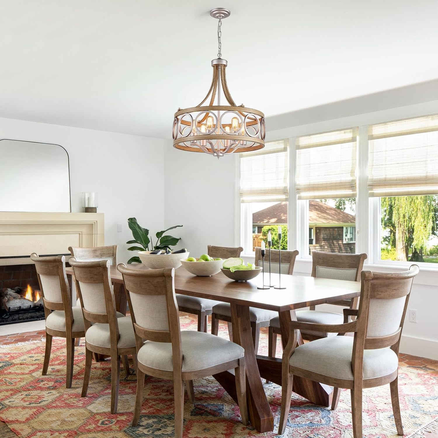 XINGQI Brushed Nickel Dining Room Chandelier 6 Lights Modern Farmhouse Chandelier 21.7' Round Hanging Lighting Fixture Rustic Metal Drum Pendant Lamp for Entryway Bedroom Kitchen