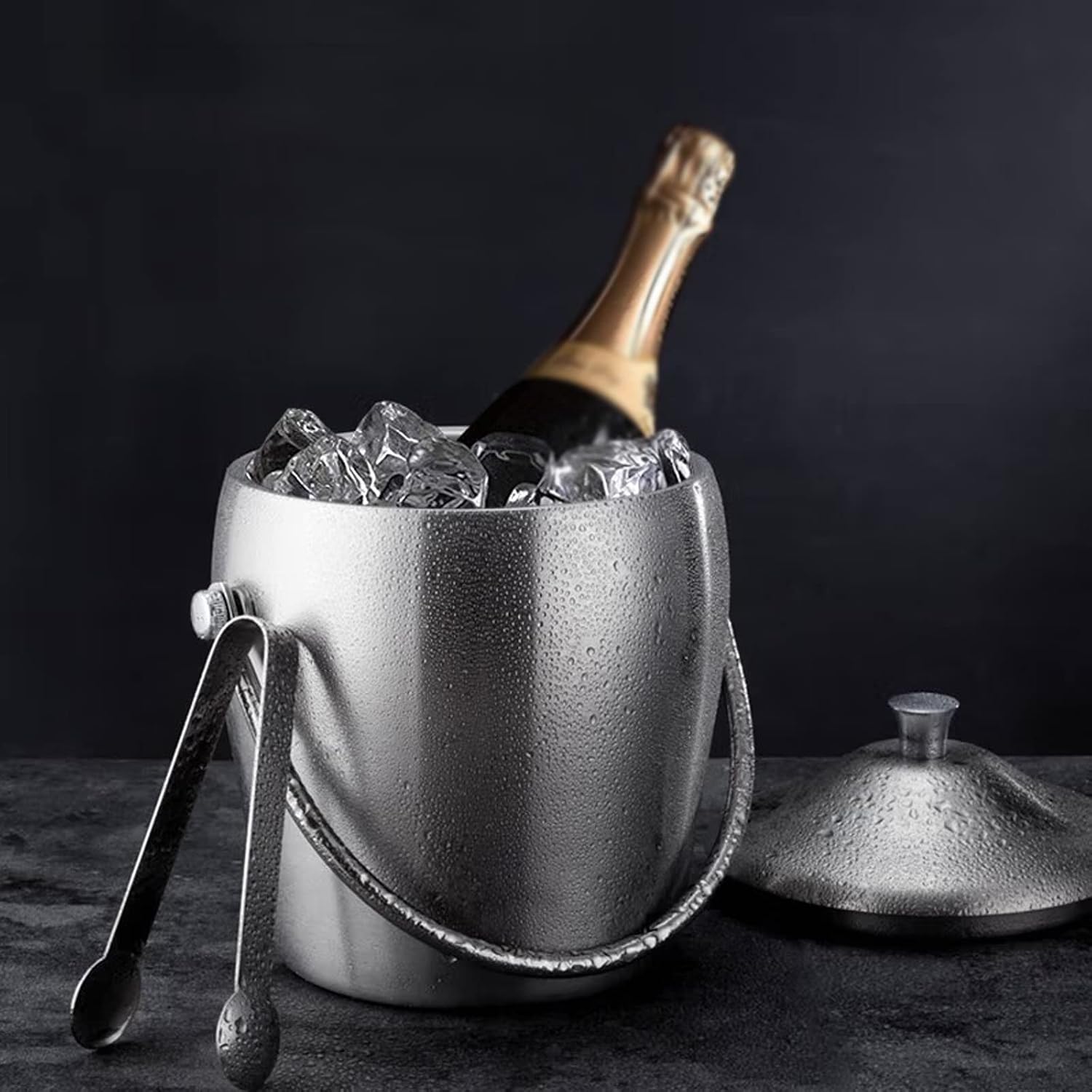 Ice Bucket Ice Bucket with Lid and Tongs Double Wall Insulated Stainless Steel Ice Bucket Ideal for Cocktail Bar, Parties, Chilling Wine, Champagne Ice Tub